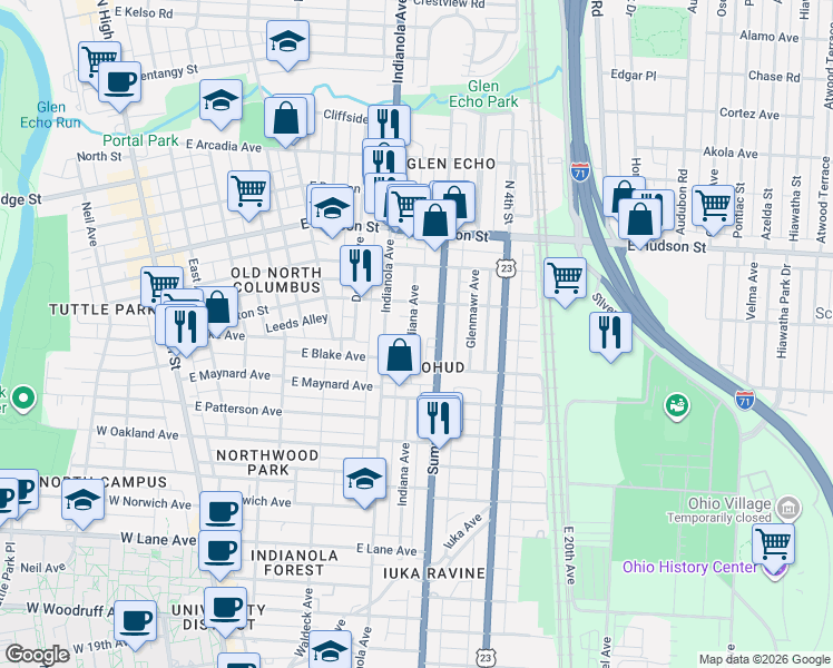 map of restaurants, bars, coffee shops, grocery stores, and more near 2388 Indiana Avenue in Columbus