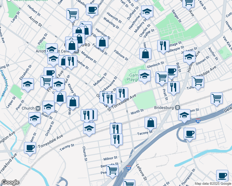 map of restaurants, bars, coffee shops, grocery stores, and more near 2020 Wilmot Street in Philadelphia