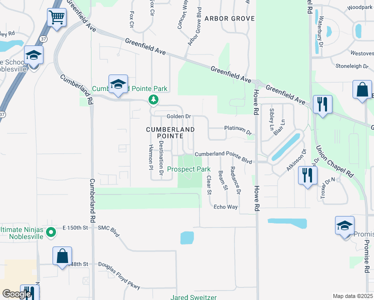 map of restaurants, bars, coffee shops, grocery stores, and more near 10256 Cumberland Pointe Boulevard in Noblesville