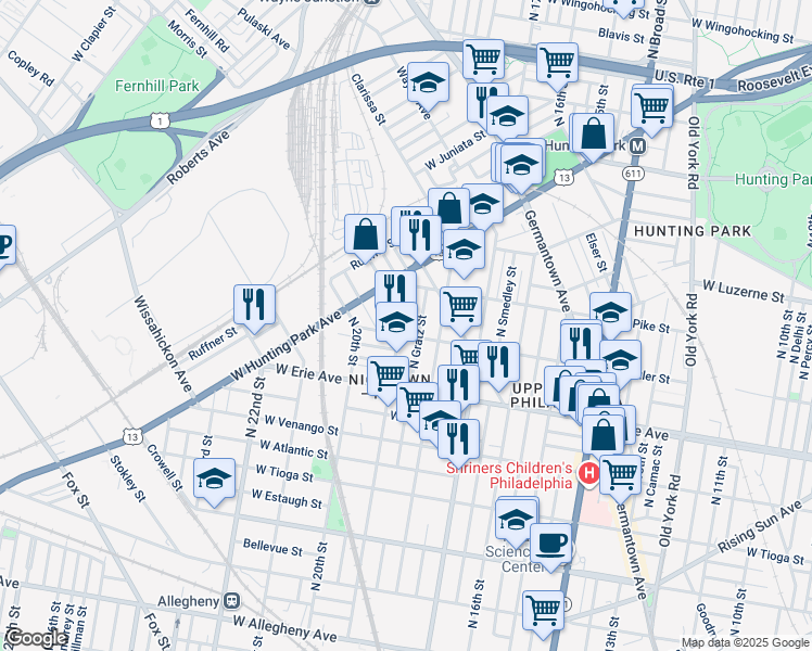map of restaurants, bars, coffee shops, grocery stores, and more near 3811 North 19th Street in Philadelphia