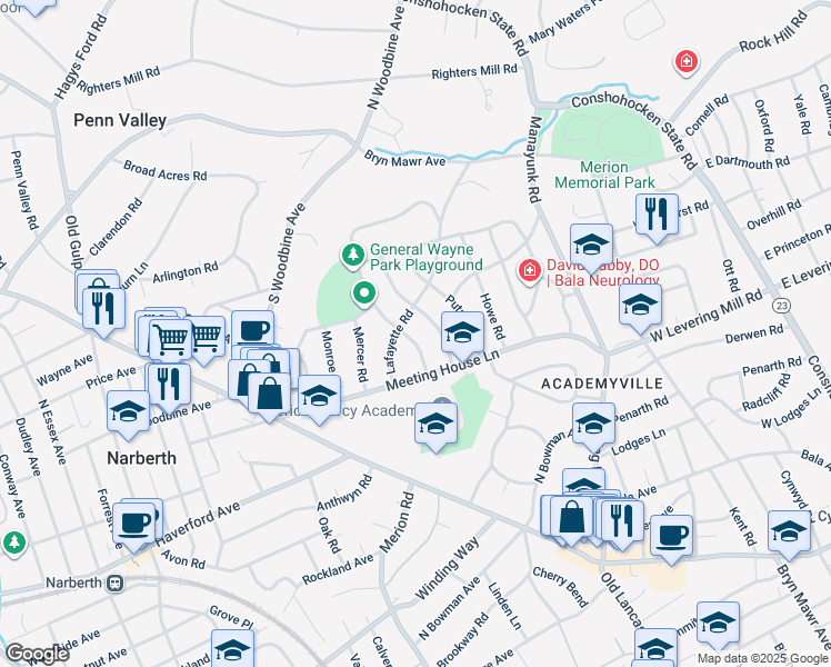 map of restaurants, bars, coffee shops, grocery stores, and more near 519 Revere Road in Merion Station