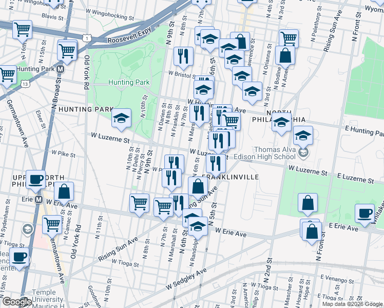 map of restaurants, bars, coffee shops, grocery stores, and more near in Philadelphia