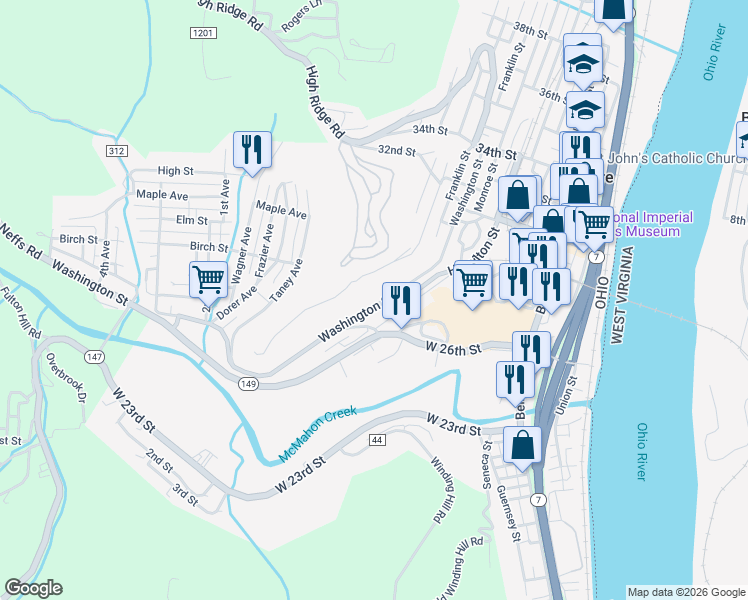map of restaurants, bars, coffee shops, grocery stores, and more near 2855 Washington Street in Bellaire