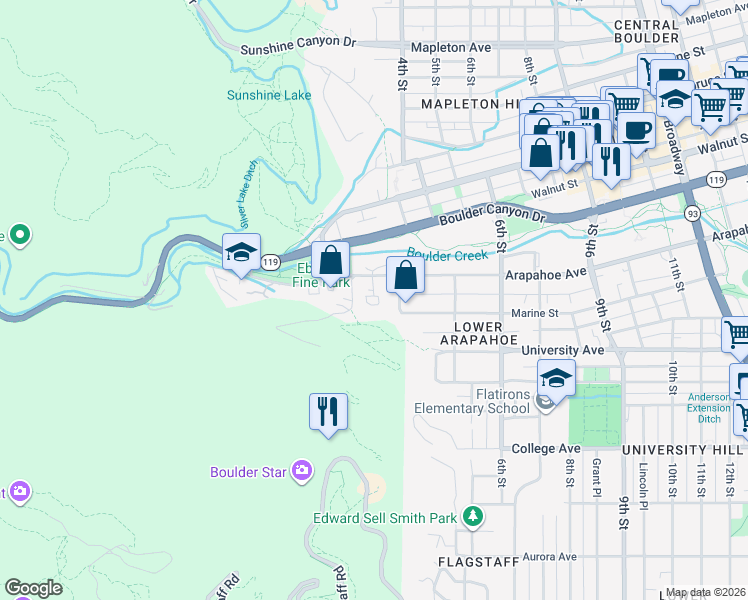 map of restaurants, bars, coffee shops, grocery stores, and more near 350 Arapahoe Avenue in Boulder