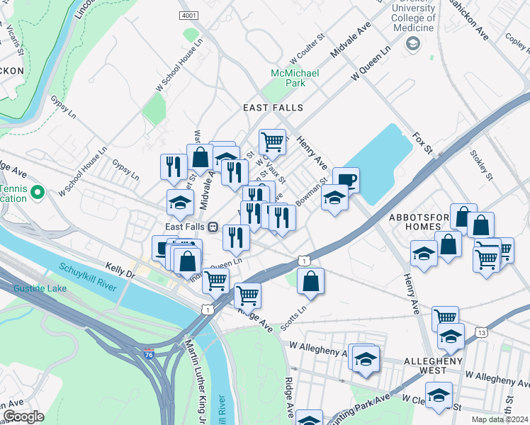 map of restaurants, bars, coffee shops, grocery stores, and more near 3458 Sunnyside Avenue in Philadelphia