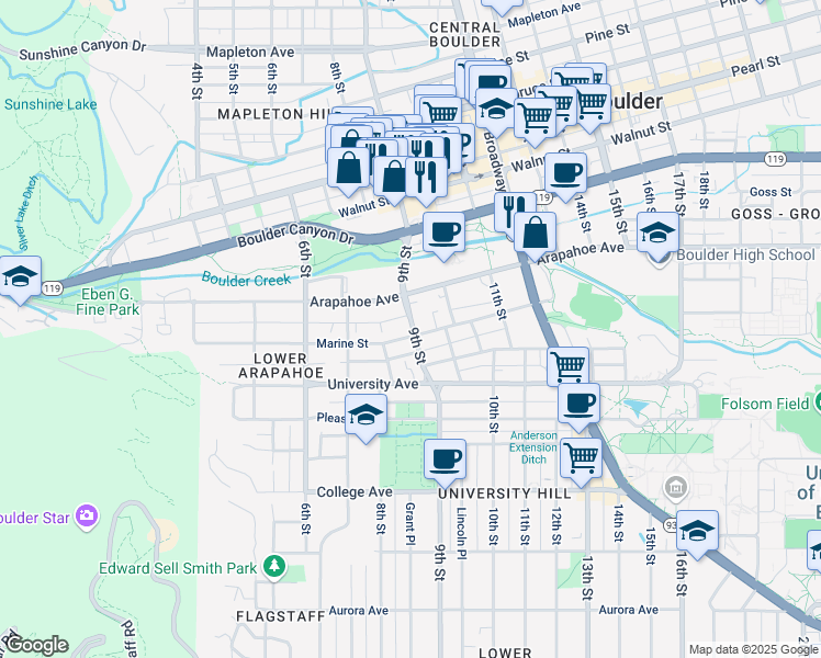 map of restaurants, bars, coffee shops, grocery stores, and more near 1611 9th Street in Boulder