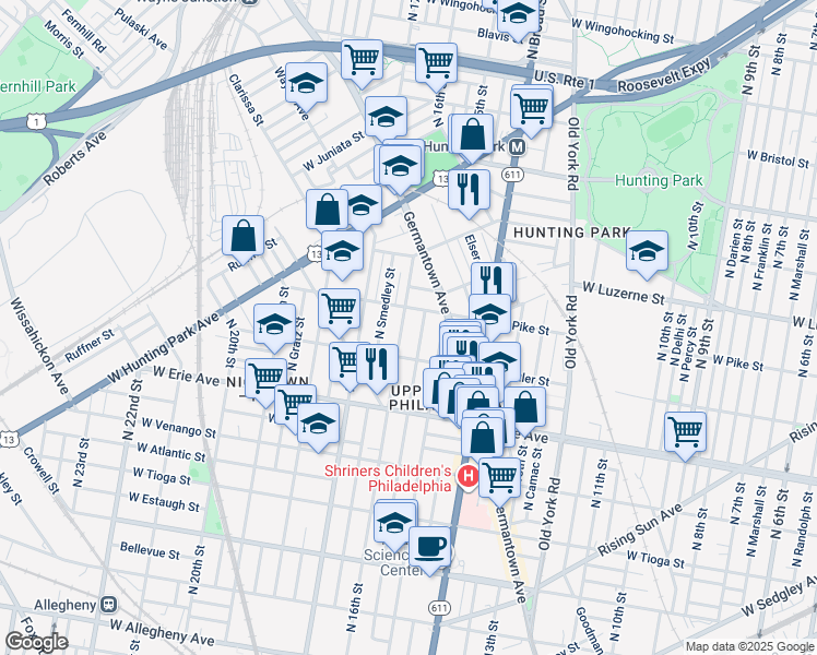 map of restaurants, bars, coffee shops, grocery stores, and more near 3841 North 16th Street in Philadelphia