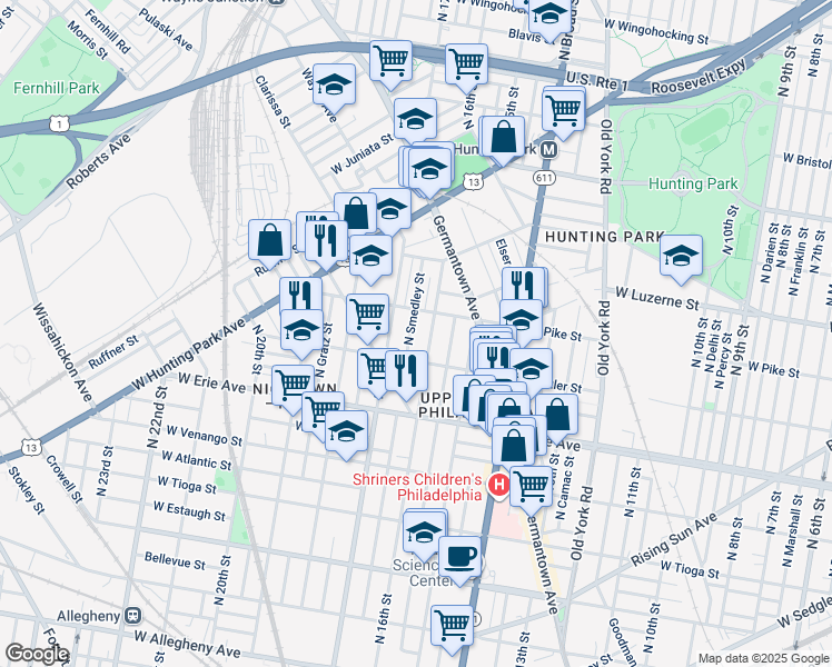 map of restaurants, bars, coffee shops, grocery stores, and more near 3833 North Smedley Street in Philadelphia