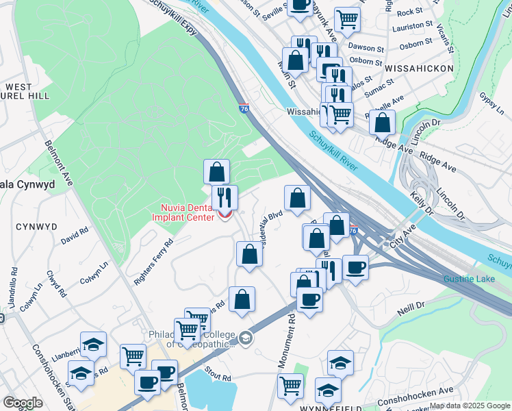 map of restaurants, bars, coffee shops, grocery stores, and more near 191 Presidential Boulevard in Bala Cynwyd