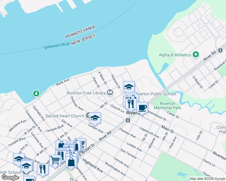map of restaurants, bars, coffee shops, grocery stores, and more near 206 Howard Street in Riverton