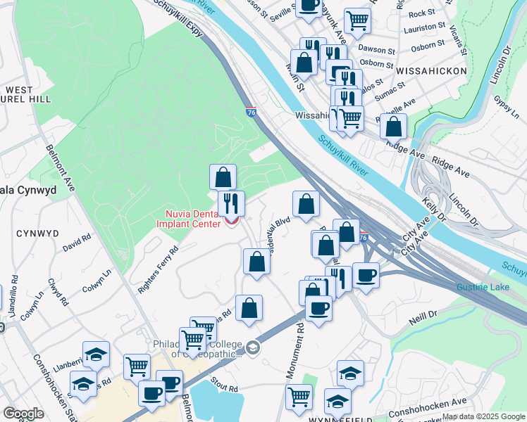 map of restaurants, bars, coffee shops, grocery stores, and more near 191 Presidential Boulevard in Bala Cynwyd