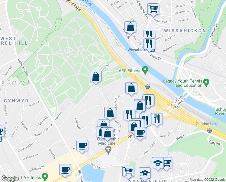 map of restaurants, bars, coffee shops, grocery stores, and more near 191 Presidential Boulevard in Bala Cynwyd