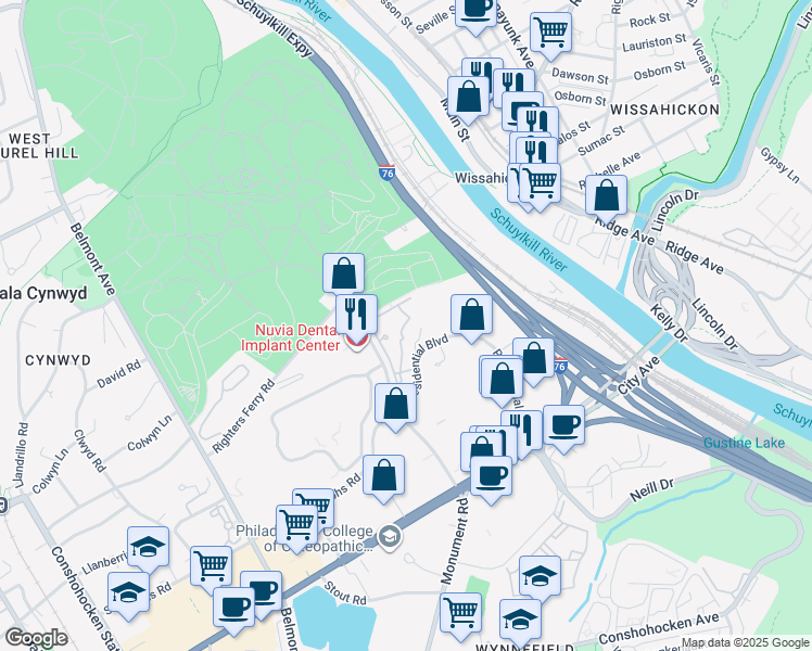 map of restaurants, bars, coffee shops, grocery stores, and more near 191 Presidential Boulevard in Bala Cynwyd