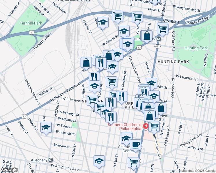 map of restaurants, bars, coffee shops, grocery stores, and more near 3821 North 18th Street in Philadelphia