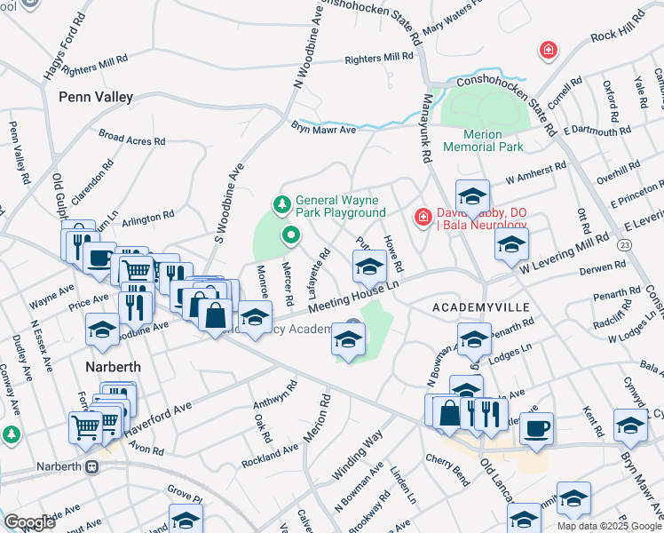 map of restaurants, bars, coffee shops, grocery stores, and more near 519 Revere Road in Merion Station