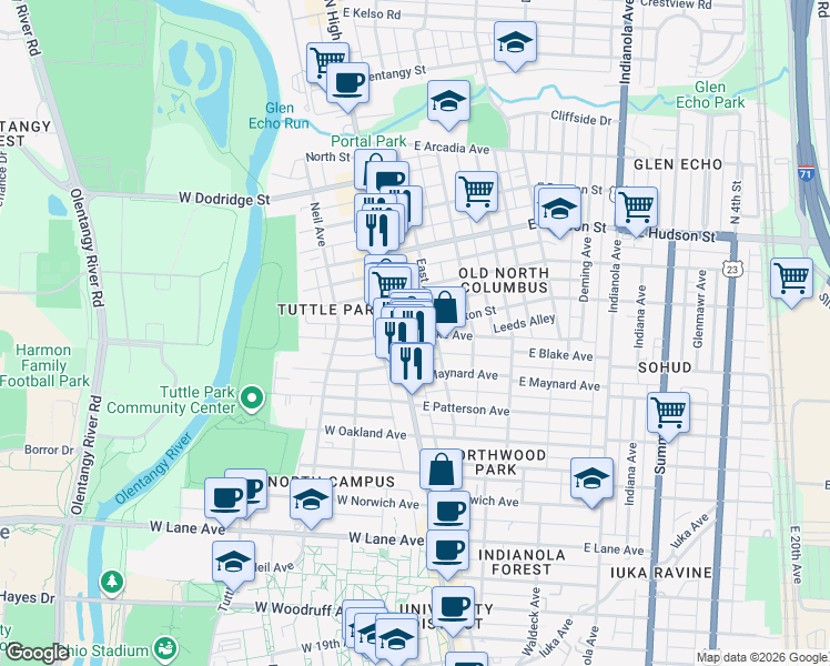 map of restaurants, bars, coffee shops, grocery stores, and more near 2458 North Pearl Street in Columbus