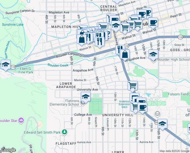 map of restaurants, bars, coffee shops, grocery stores, and more near 1611 9th Street in Boulder