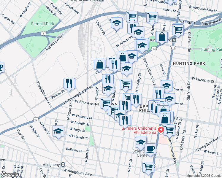 map of restaurants, bars, coffee shops, grocery stores, and more near 3813 North 19th Street in Philadelphia