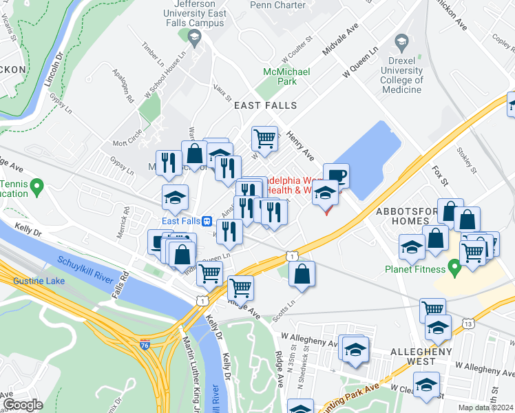 map of restaurants, bars, coffee shops, grocery stores, and more near 3456 Sunnyside Avenue in Philadelphia