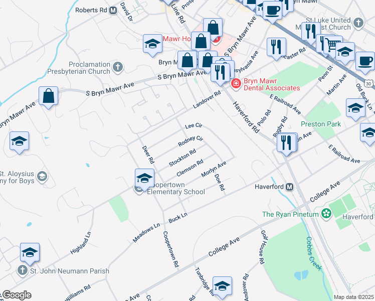 map of restaurants, bars, coffee shops, grocery stores, and more near 144 Stockton Road in Bryn Mawr