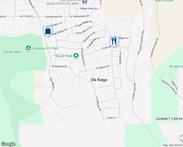 map of restaurants, bars, coffee shops, grocery stores, and more near 44 South Astor Lane in Elk Ridge