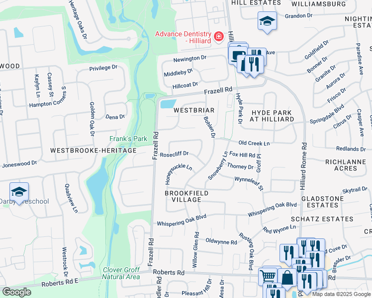 map of restaurants, bars, coffee shops, grocery stores, and more near 5627 Jennybrook Lane in Hilliard