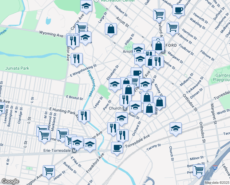 map of restaurants, bars, coffee shops, grocery stores, and more near 1439 Church Street in Philadelphia