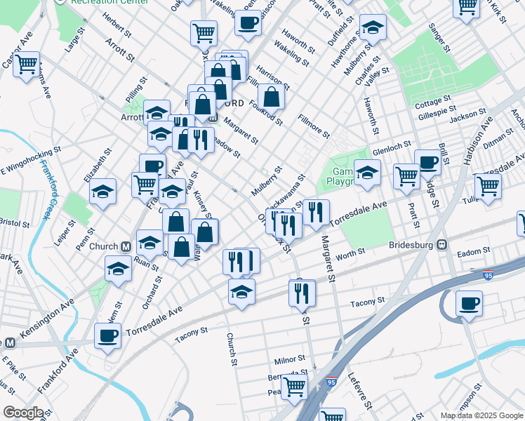 map of restaurants, bars, coffee shops, grocery stores, and more near 1831 Orthodox Street in Philadelphia