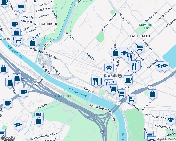 map of restaurants, bars, coffee shops, grocery stores, and more near 3704 Falls Circle in Philadelphia