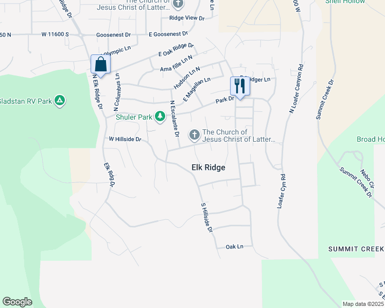 map of restaurants, bars, coffee shops, grocery stores, and more near 44 South Astor Lane in Elk Ridge
