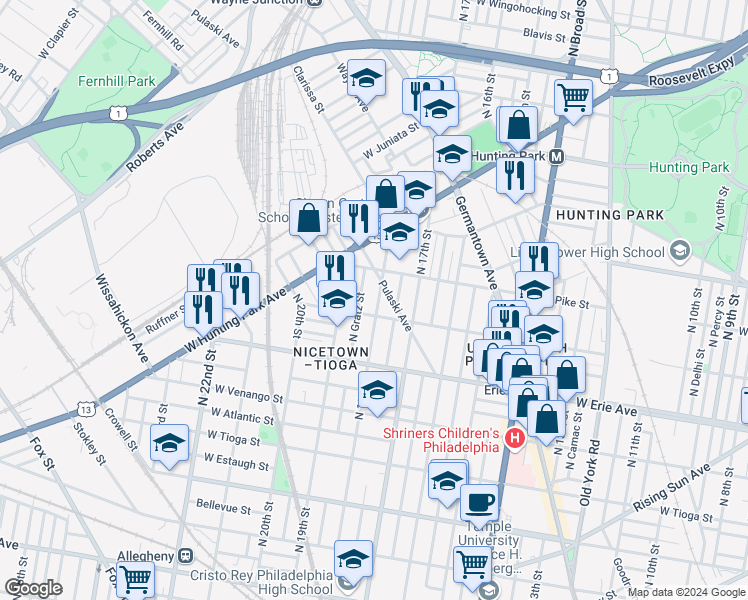 map of restaurants, bars, coffee shops, grocery stores, and more near 3820 North 18th Street in Philadelphia