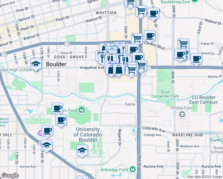 map of restaurants, bars, coffee shops, grocery stores, and more near 1444 Folsom Street in Boulder