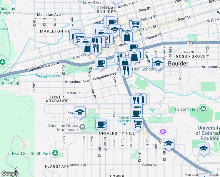 map of restaurants, bars, coffee shops, grocery stores, and more near 1051 Marine Street in Boulder