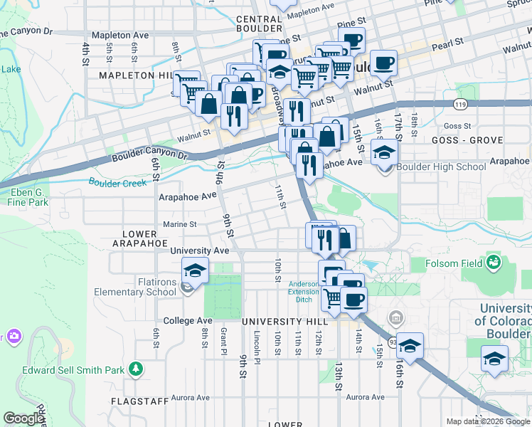 map of restaurants, bars, coffee shops, grocery stores, and more near 1051 Marine Street in Boulder