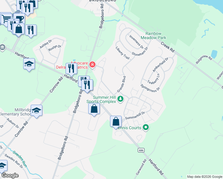map of restaurants, bars, coffee shops, grocery stores, and more near 105 Castleton Road in Riverside