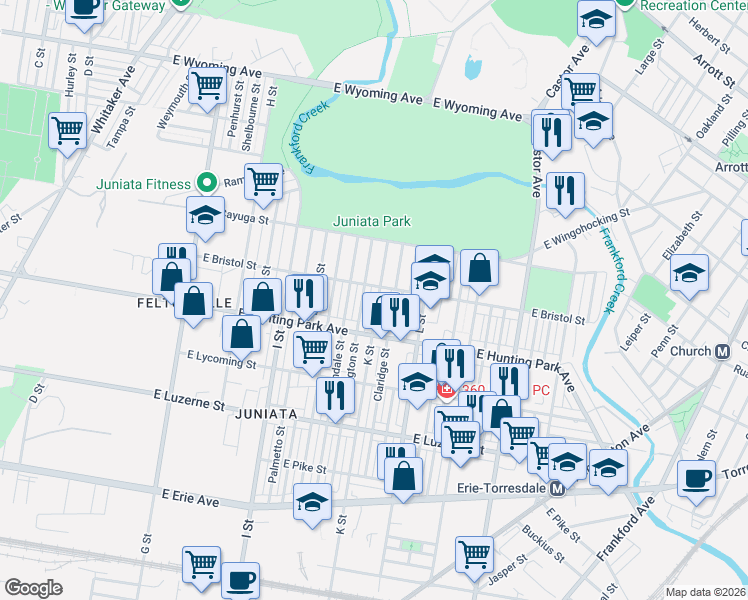 map of restaurants, bars, coffee shops, grocery stores, and more near 4259 K Street in Philadelphia