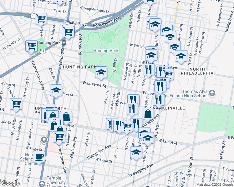 map of restaurants, bars, coffee shops, grocery stores, and more near in Philadelphia
