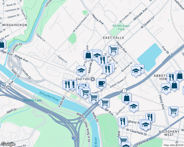 map of restaurants, bars, coffee shops, grocery stores, and more near 3529 New Queen Street in Philadelphia