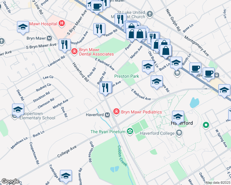 map of restaurants, bars, coffee shops, grocery stores, and more near 738 Buck Lane in Haverford