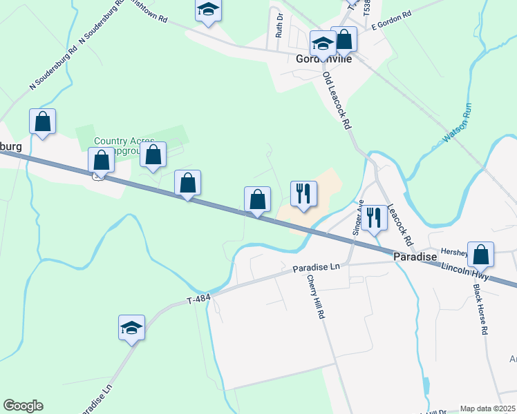 map of restaurants, bars, coffee shops, grocery stores, and more near 3037 Lincoln Highway East in Gordonville