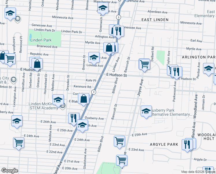 map of restaurants, bars, coffee shops, grocery stores, and more near 1613 Kohr Place in Columbus