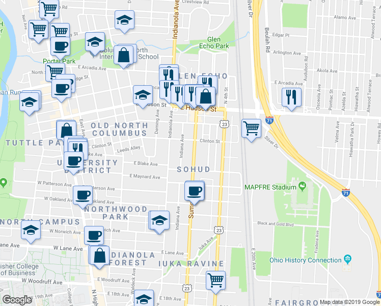 map of restaurants, bars, coffee shops, grocery stores, and more near 2404 Indiana Avenue in Columbus