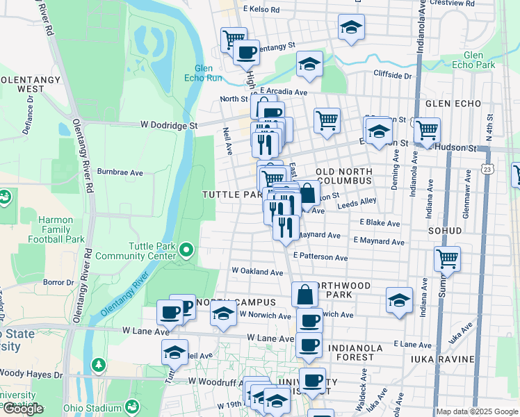 map of restaurants, bars, coffee shops, grocery stores, and more near 2463 North Wall Street in Columbus