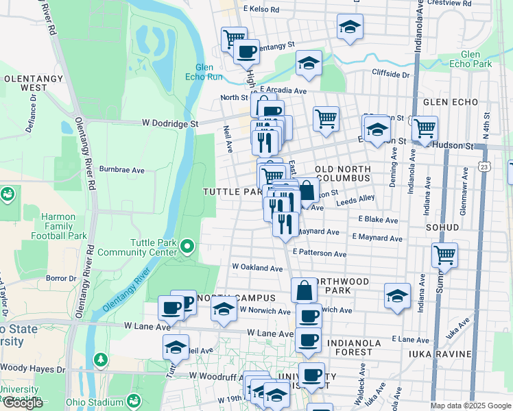 map of restaurants, bars, coffee shops, grocery stores, and more near 2463 North Wall Street in Columbus