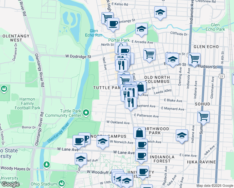 map of restaurants, bars, coffee shops, grocery stores, and more near 2463 North Wall Street in Columbus