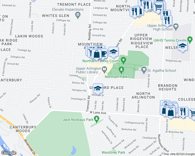 map of restaurants, bars, coffee shops, grocery stores, and more near 2050 Northam Road in Upper Arlington