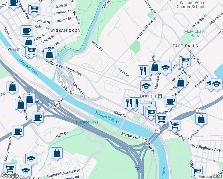 map of restaurants, bars, coffee shops, grocery stores, and more near 4438 Driftwood Drive in Philadelphia