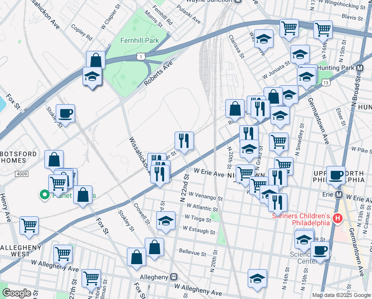 map of restaurants, bars, coffee shops, grocery stores, and more near 2125 Ruffner Street in Philadelphia