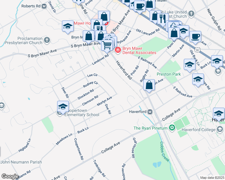 map of restaurants, bars, coffee shops, grocery stores, and more near 245 Lee Circle in Bryn Mawr
