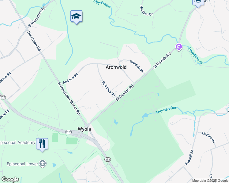 map of restaurants, bars, coffee shops, grocery stores, and more near 609 Golf Club Road in Newtown Square